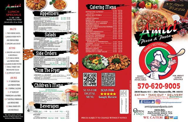Amici Pizza & Pasta Family Restaurant Menu | Tannersville PA